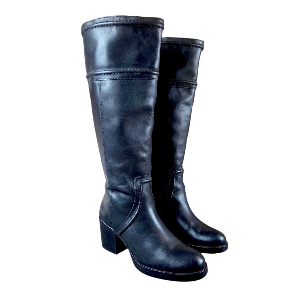 Frye Jean Tall Pull On Boots Leather Extended Wide Calf Black Women's Size 7 B